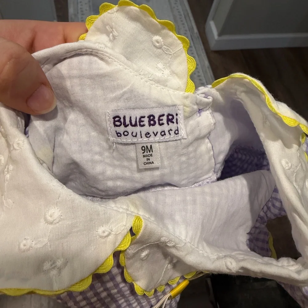 Blueberi Boulevard Lavender Gingham Dress with Yellow Trim
